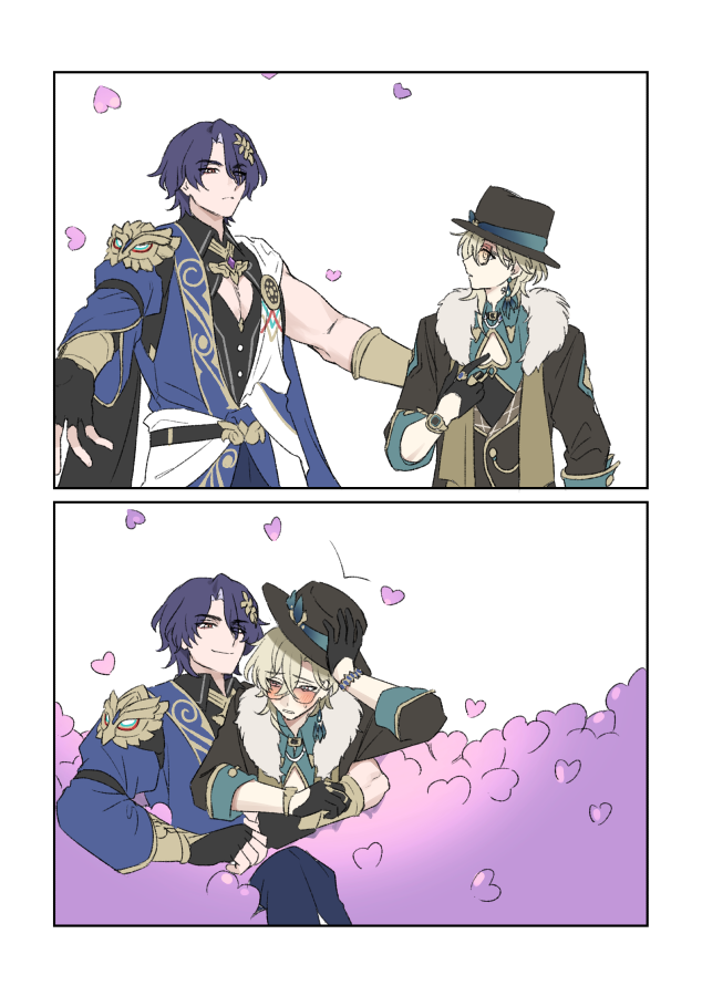 the image shows an anime couple in two panels. the top panel shows the two characters standing, with the character on the left reaching out to touch the character on the right's cheek. the bottom panel shows the two characters sitting together, hugging, and smiling. the background is filled with pink hearts. this image is a cute and romantic illustration of an anime couple.