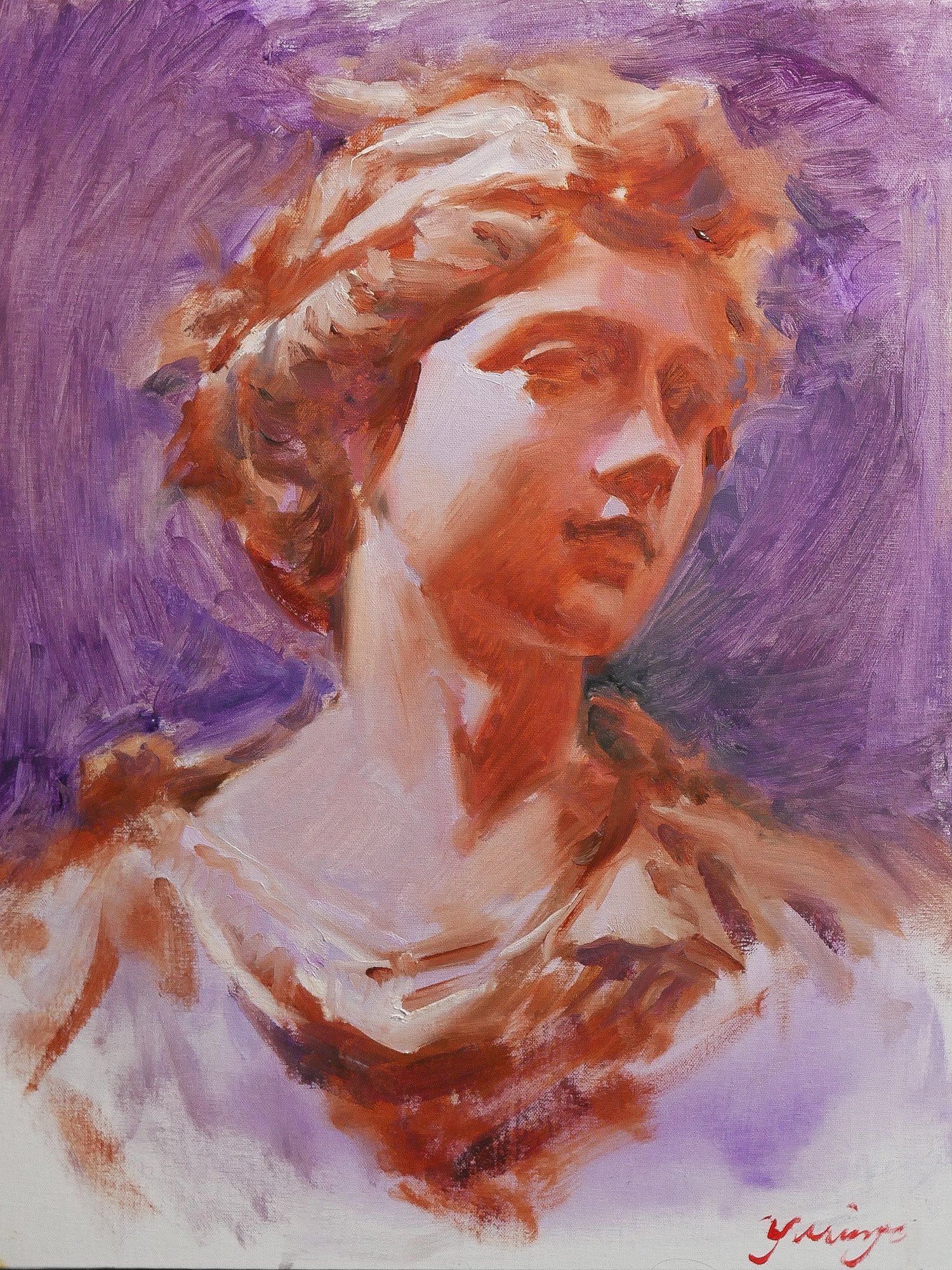 a painting of a woman's head and shoulders. she is portrayed in a classical style, with her hair pulled back and her face turned slightly to the side. the woman is depicted in a soft, natural light, and the artist has used subtle brushstrokes to create a sense of depth and texture. the painting's background is a soft purple, which creates a sense of tranquility and mystery. the artist has captured the beauty and dignity of the woman in a simple yet elegant way. the painting is a beautiful and evocative piece of art.