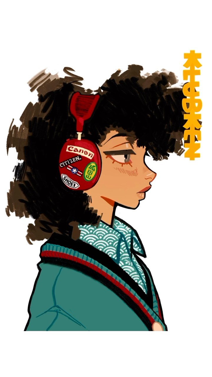 the illustration depicts a young african american woman with a large, voluminous afro. she's wearing tealcolored jacket with red accents, featuring a unique patterned inner collar. over her ears, she has red headphones adorned with various stickers including brand names like "canon" and "citizen". the style is digitally created and stylized, exhibiting a blend of streetwear fashion and potentially vintage or retro influences.  japanese characters are visible in the background on the righthand side of the image. the overall aesthetic is vibrant and expressive. the woman is shown in a side profile, looking away from the viewer.