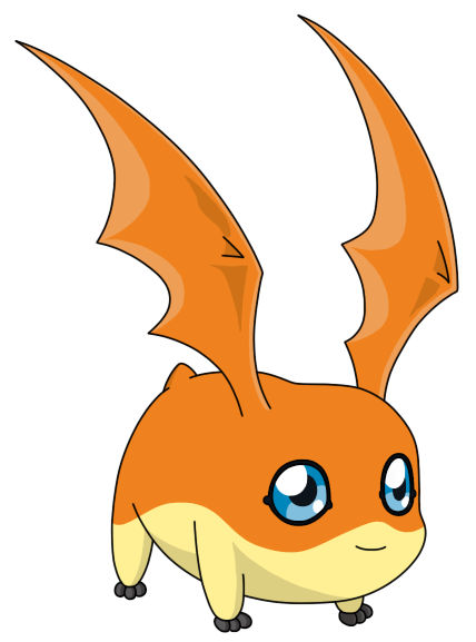 a cartoon drawing of a fictional creature on a white background. the creature is mostly orange and cream colored with large blue eyes and two large orange wings. it has four small legs with three toes each and a small tail.  it appears to be looking over its shoulder to the left of the image. content: cartoon, drawing, fictional character, creaturepeople: noneenvironment: nonelighting: soft lightingperspective: slightly low anglekw: orange, cream, wings, blue eyes, creature, cartoon, drawing, fictional character