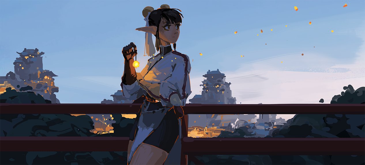 a digital painting of a female elf character standing on a bridge overlooking a night cityscape. she's wearing a white and dark blue kimonolike outfit and holding a glowing orb. the city in the background is lit with numerous warm lights, creating a tranquil and mystical atmosphere. the style is reminiscent of anime and fantasy art.  small, glowing particles float in the sky, adding to the magical feeling. the overall mood is peaceful and serene.