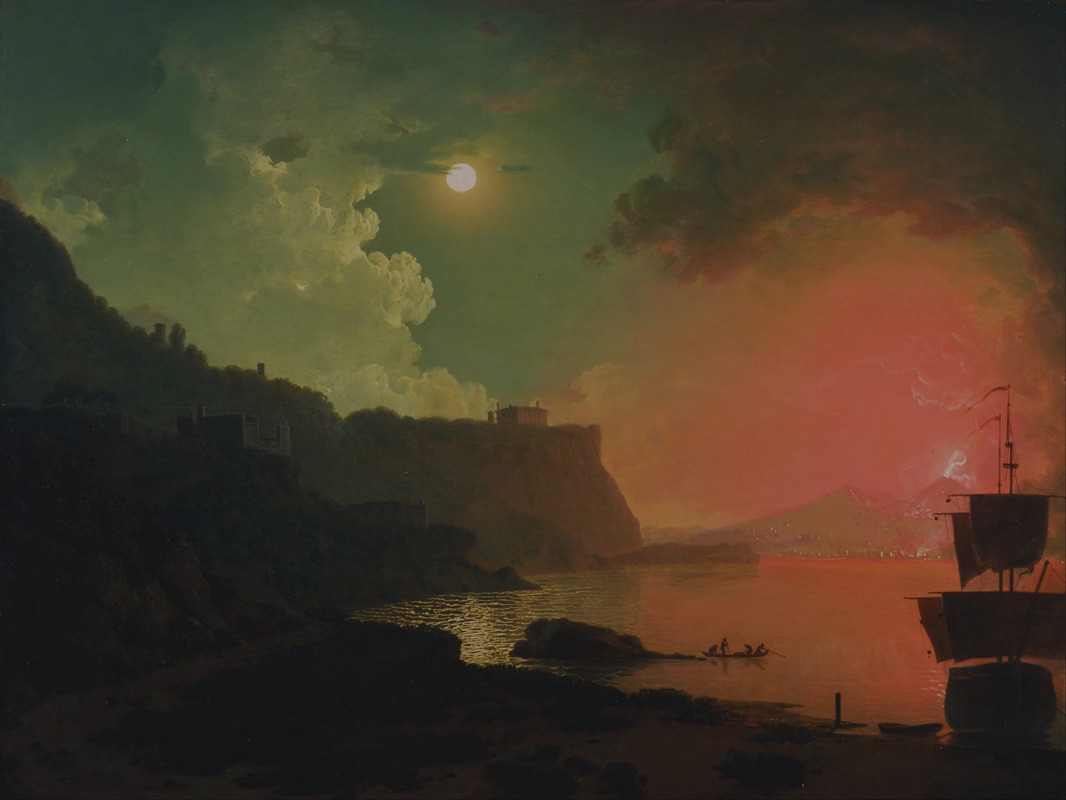 a painting by joseph wright of derby depicting an eruption of mount vesuvius at night. the moon shines brightly through the clouds, illuminating the landscape. a ship is anchored in the water near the shore, and a small boat with people is visible in the distance. the sky is filled with red and orange hues from the volcanic eruption, contrasting with the dark green and blue of the rest of the painting. the shoreline is rocky with buildings on the hills.