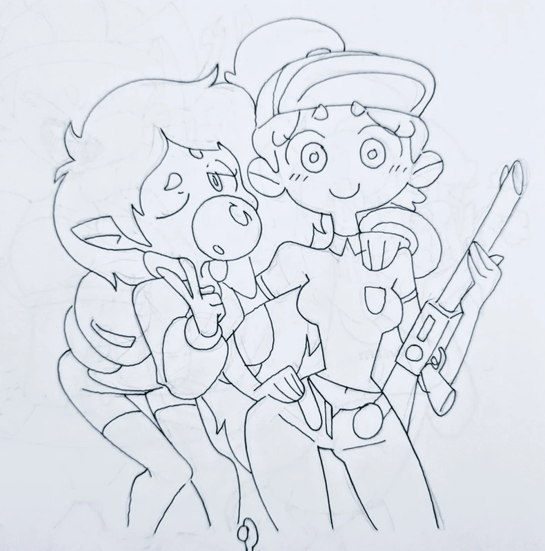 a drawing of two cartoon girls. one girl is holding a gun and is wearing a shirt and pants. the other girl has her arm around the first girl's waist and is wearing a jacket. the drawing is in black and white and is done in a cartoon style.