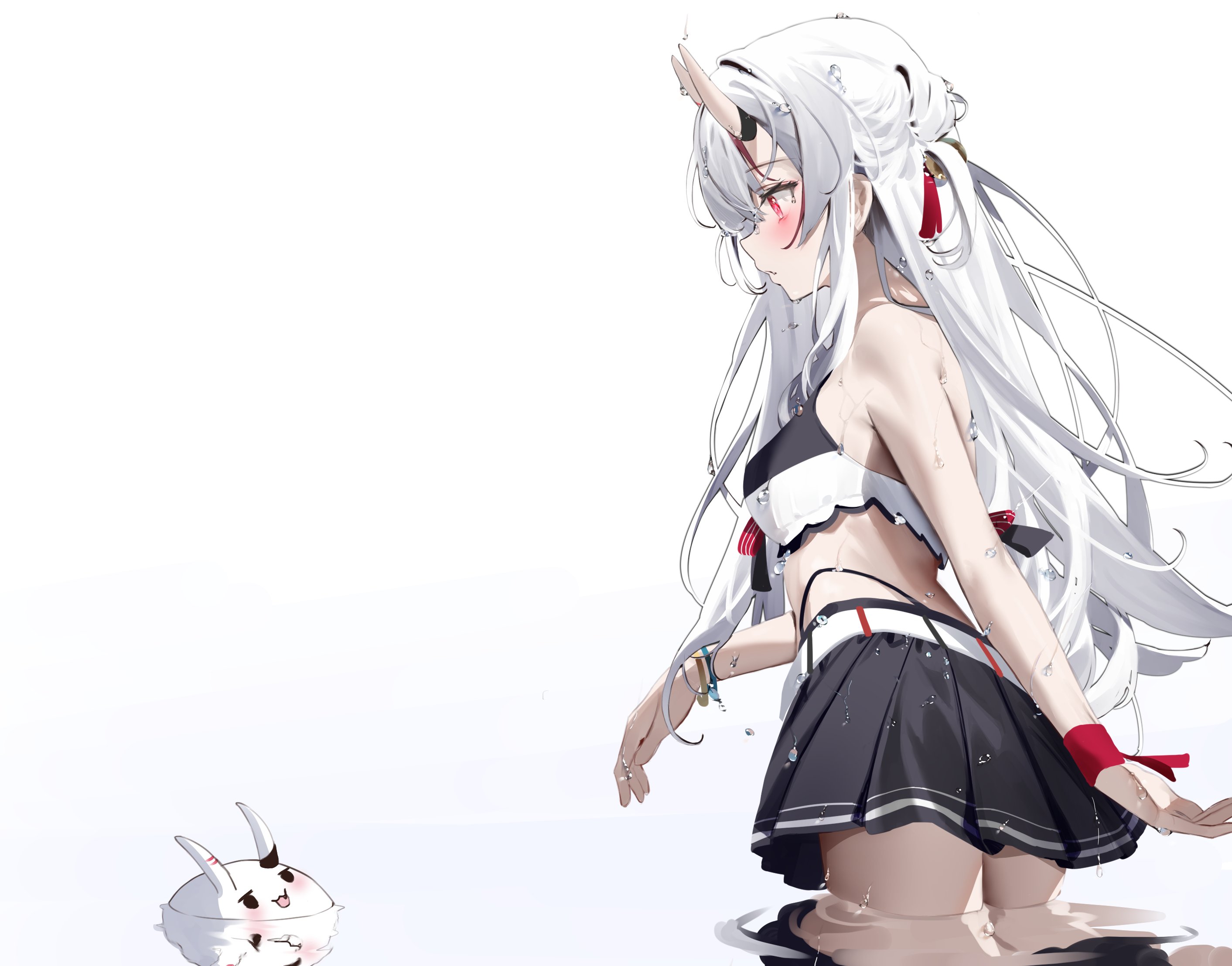 the image depicts a beautiful animestyle girl with long white hair and small oni horns.  she's wearing a darkcolored sailorstyle swimsuit that's slightly wet, with water droplets visible on her skin and clothing. she appears to be standing in shallow water.  a small, cute, chibilike creature resembling a white rabbit or similar animal is partially submerged in the water near her. the overall style is elegant and slightly melancholic, with a focus on soft shading and light.  the background is simple and white, drawing attention to the character.