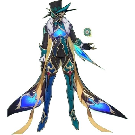a male character in an anime style illustration, he is wearing a blue and green costume and has a mask and a hat. he has blue and green wings and a gold yellow cape, and he has glowing blue light coming from his chest.