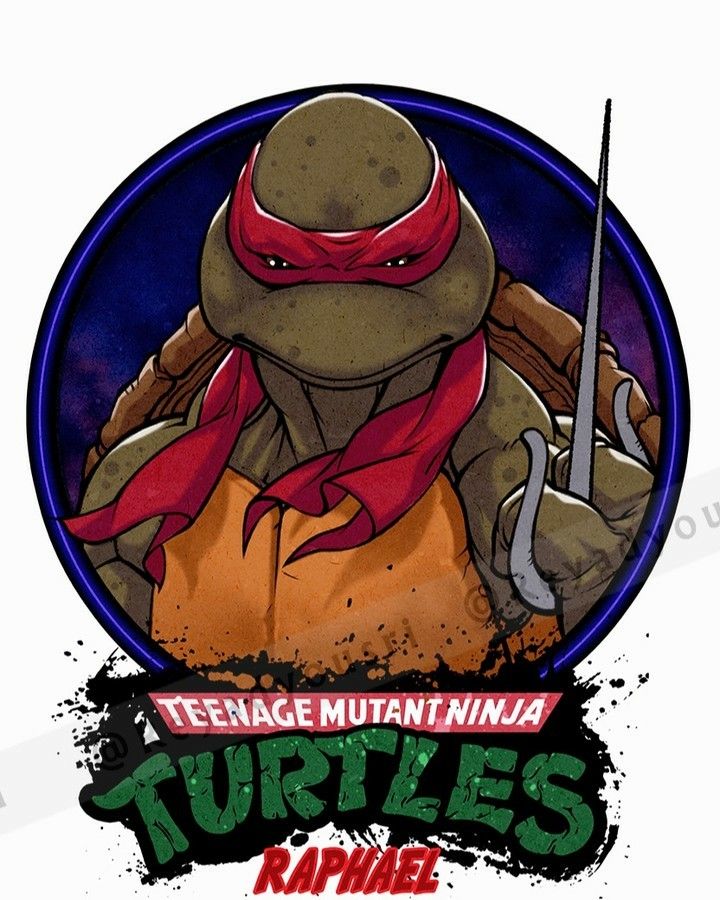 a graphic design illustration of the teenage mutant ninja turtles character raphael. the image is in a circle shape with a blue background and a black splattered border. the top of the image features a closeup of raphael's face. he has a red mask and is holding his sai weapon. the graphic design features the tmnt logo and raphael's name in a bold font.