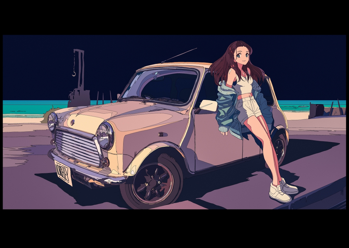 the illustration depicts an animestyle girl with long brown hair, wearing a white top and shorts, and a light blue jacket, leaning against a beige classic mini cooper. the car is parked on a beach at night, near a calm ocean with a tealcolored horizon. the scene is peaceful and evokes a summer evening mood. the artwork has a distinctly stylized aesthetic with smooth lines and pastel color palettes.  the background includes a hint of a dilapidated structure or cranelike object. the overall style is reminiscent of modern digital illustrations that blends elements of anime and retro aesthetics.