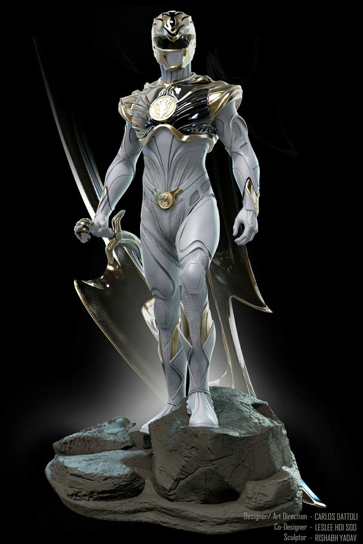 a digital artwork showcasing a highly detailed statue of the white ranger from power rangers. the ranger, clad in white and gold armor, stands atop a textured rock base, gripping his signature sword. the pose is powerful and dynamic.  the background is black, emphasizing the statue through dramatic spotlighting. the overall image has a collectible feel.