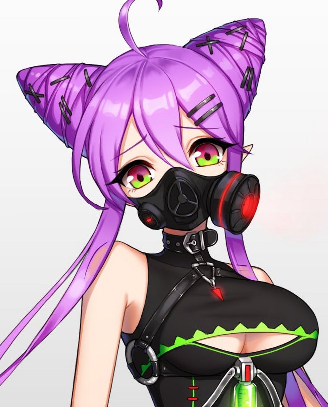 an anime girl with long purple hair tied up in two buns, wearing a black gas mask with a red light, and a black outfit with straps and a harness, is looking down with a serious expression. the background is white.