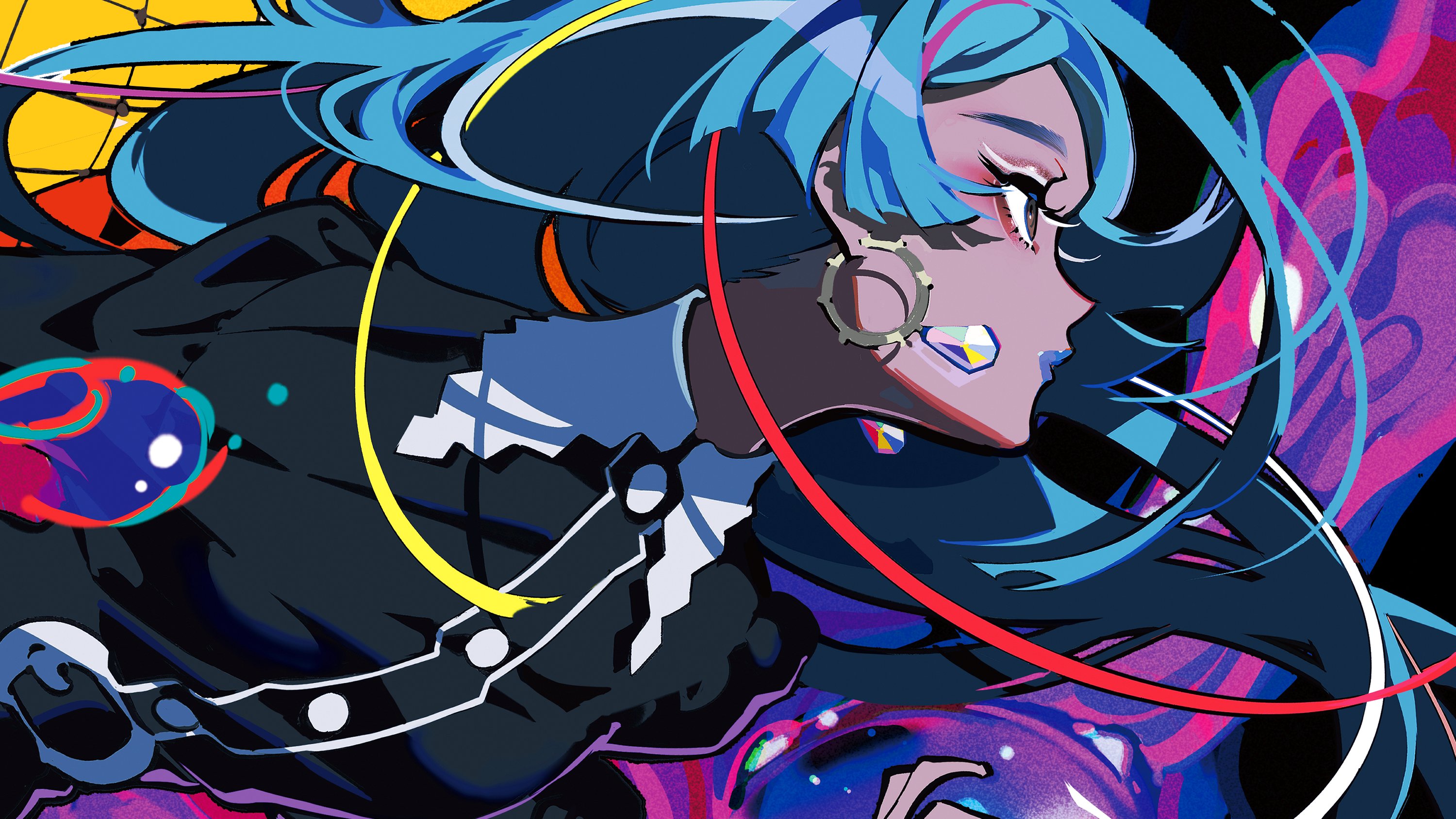 the image showcases a stylized illustration of a young woman, likely an anime character, with vibrant blue hair. she is set against a backdrop of abstract shapes and colors, creating a visually dynamic composition. the woman is depicted in profile, her gaze directed to the right, and her expression appears serious or focused. her attire consists of a black and white outfit, suggesting a modern or perhaps slightly rebellious aesthetic. the overall use of color is bold and expressive, contributing to the energetic and artistic feel of the image.