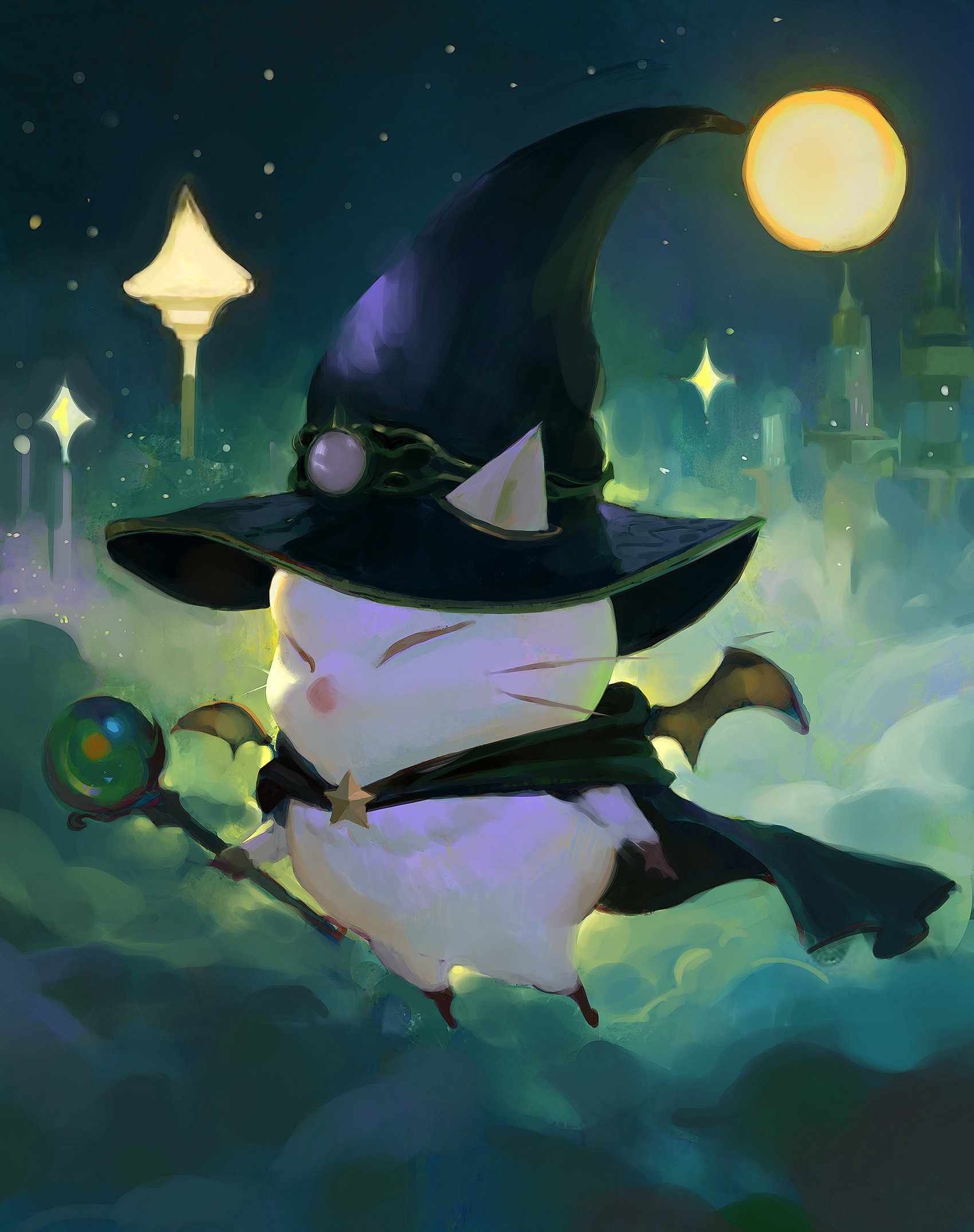 a cute white cat with a black hat and a green cape is flying in the night sky with a green orb wand. there are stars and a moon in the background. the cat appears to be a magical creature.