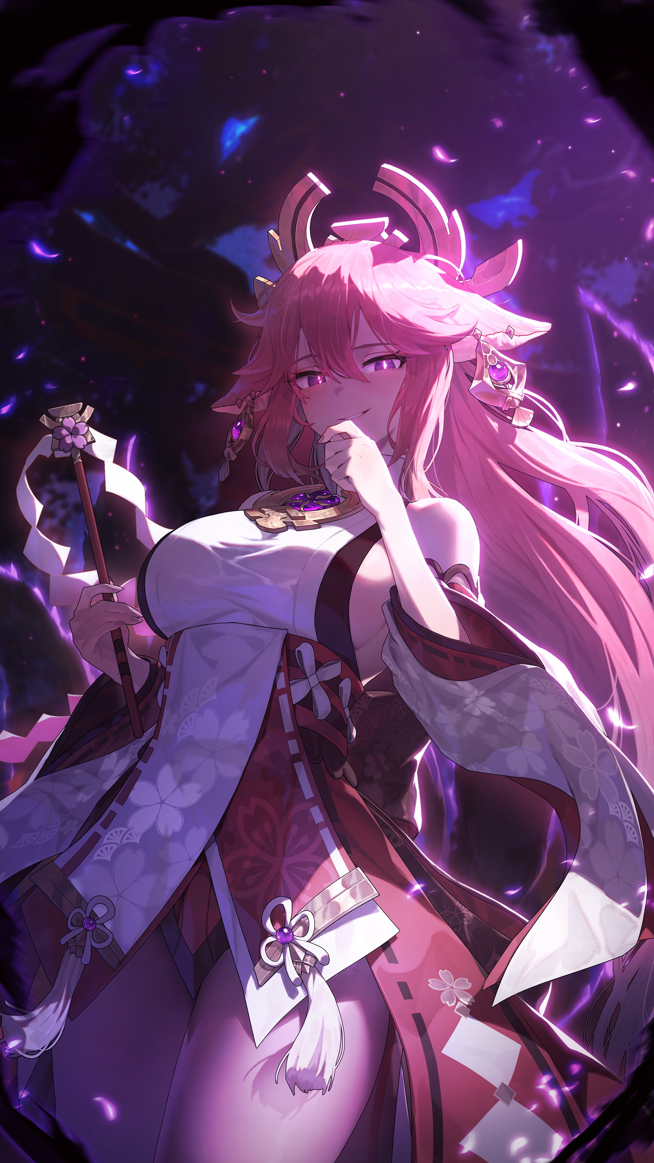 a digital illustration of yae miko from genshin impact. she has long pink hair and fox ears, wearing a red and white kimono, holding a staff in her right hand. the background is purple with floating petals.