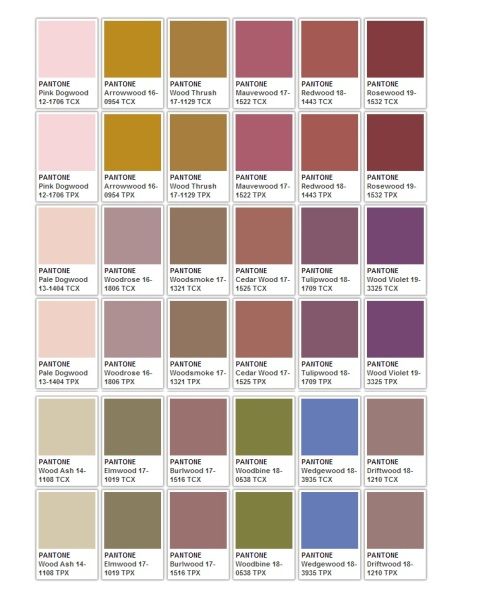 the image shows a collection of pantone color swatches. each swatch is labeled with a pantone name and number, along with either "tcx" or "tpx." the colors range from pinks and browns to purples, greens, and blues.