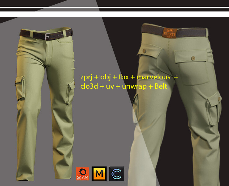 3d render of men's green cargo pants with hermes belt.