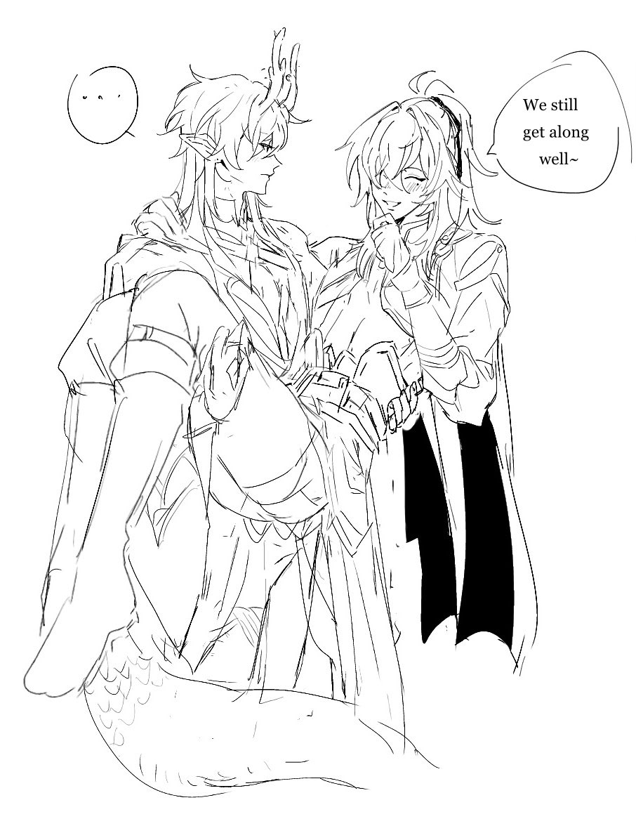 this is a black and white sketch of two anime characters. the male character on the left has horns and a tail and is holding the female character in his arms. the female character has her arms around the male character's neck and they both appear to be happy. above the female character's head is a speech bubble that says "we still get along well".