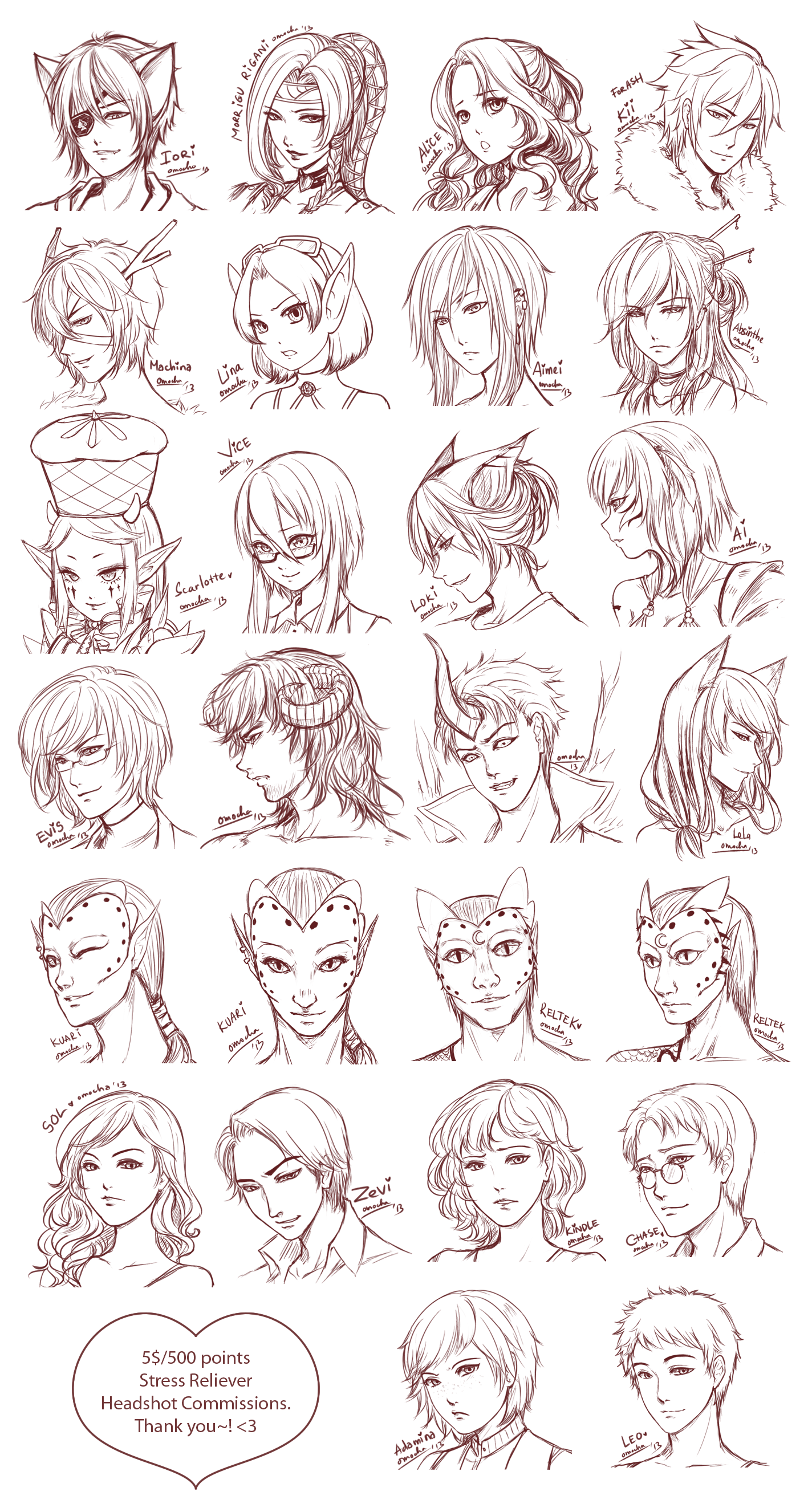 this is a collection of 20 different anime/manga characters, all in headshot style. they are all drawn in a simple, black and white style with a white background. the characters are all drawn in a variety of poses, and some have different expressions. each character has a name and a number underneath it.