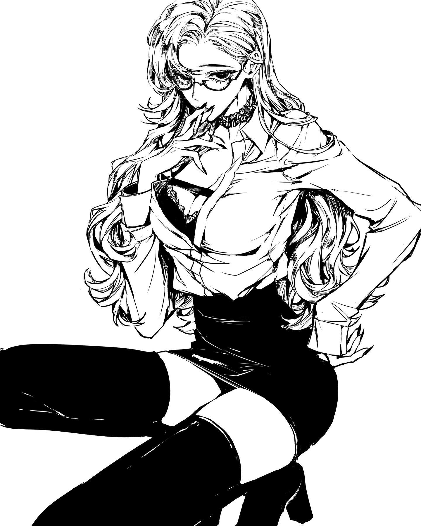 this is a black and white illustration of an anime girl. she has long, flowing