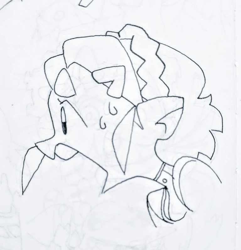 a hand drawn cartoon character is crying with a tear rolling down its cheek. the character is sketched in black and white, with a sad expression. the character appears to have a worried expression, with their mouth open as if they are about to speak.  the drawing is simple and expressive.  the image is a closeup of the head and shoulders of the character.