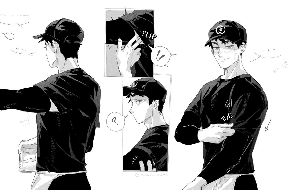the image is a collection of black and white illustrations or sketches in a style reminiscent of manga or anime.  it shows a young man with short hair wearing a black baseball cap and a black longsleeved shirt. the artwork is presented in a series of panels, showing the man from different angles and in various poses. some panels focus on the actions of his hands (e.g., slipping and tugging at his shirt) while others show his face with different expressions. the style is expressive and dynamic. the background is minimal. there's text in some panels indicating actions: "slip" and "tug."  the overall mood is casual and slightly suggestive.