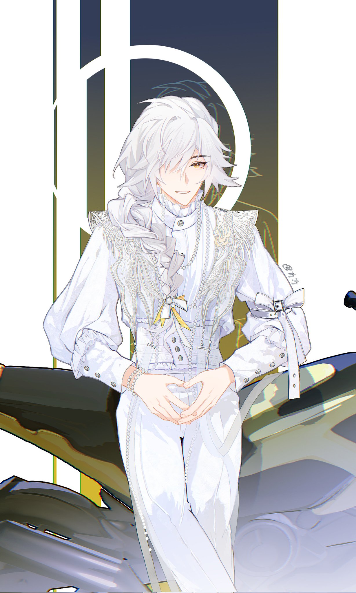 a digital illustration of an anime male character with white hair wearing a white suit. he is standing in front of a silver motorcycle. the character is holding his hands up in a heart shape. the background of the image is a blurred, gradient pattern of white, silver, and yellow. the style of the artwork is anime, and the overall mood of the image is stylish and fantastical.