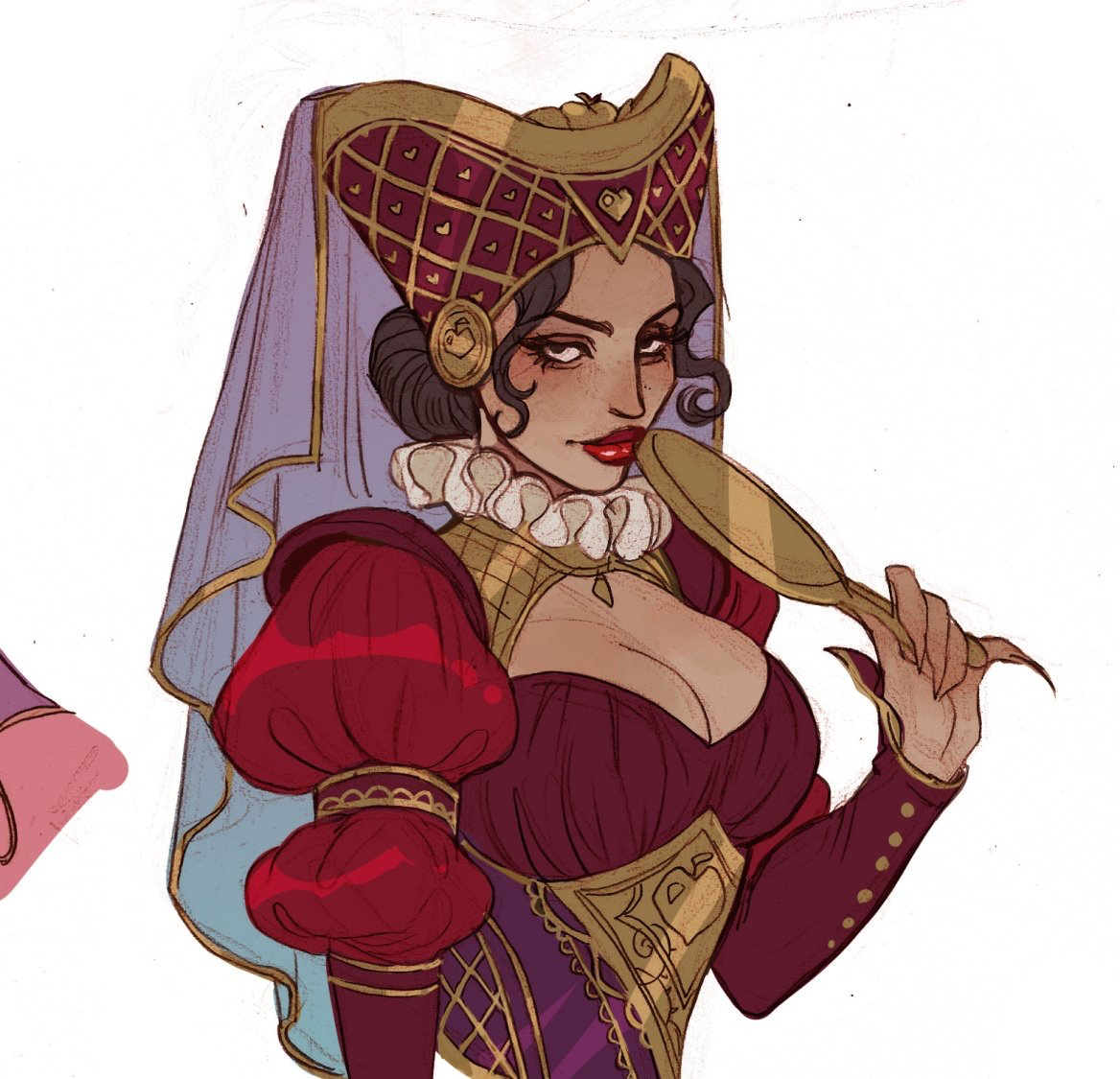 he image is a digital illustration of a queen, potentially the queen of hearts, from a playing card deck, stylized in a fantasy manner. she is a woman with dark hair styled in an updo and is wearing a  burgundy and gold, heartthemed gown and crown, with a sheer purple veil. she is holding up a hand mirror and gazing at the viewer with a confident, slightly mischievous expression.