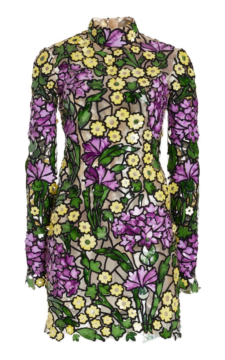 a stunning floral dress with a high neck and long sleeves. it features a sheer, meshlike fabric with a delicate floral pattern made with sequins and appliques. the dress is adorned with a mixture of purple, yellow, and green flowers, creating a beautiful and eyecatching design. it's perfect for a variety of special occasions, from cocktail parties to weddings.