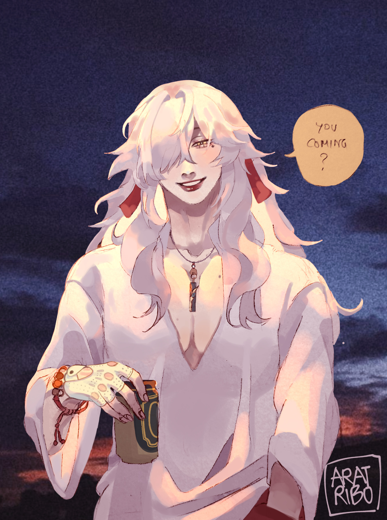 a digital illustration of an anime male character with white hair, wearing a white shirt and a red bracelet. he is smiling and holding a can of beverage, while standing in front of a night sky with clouds.