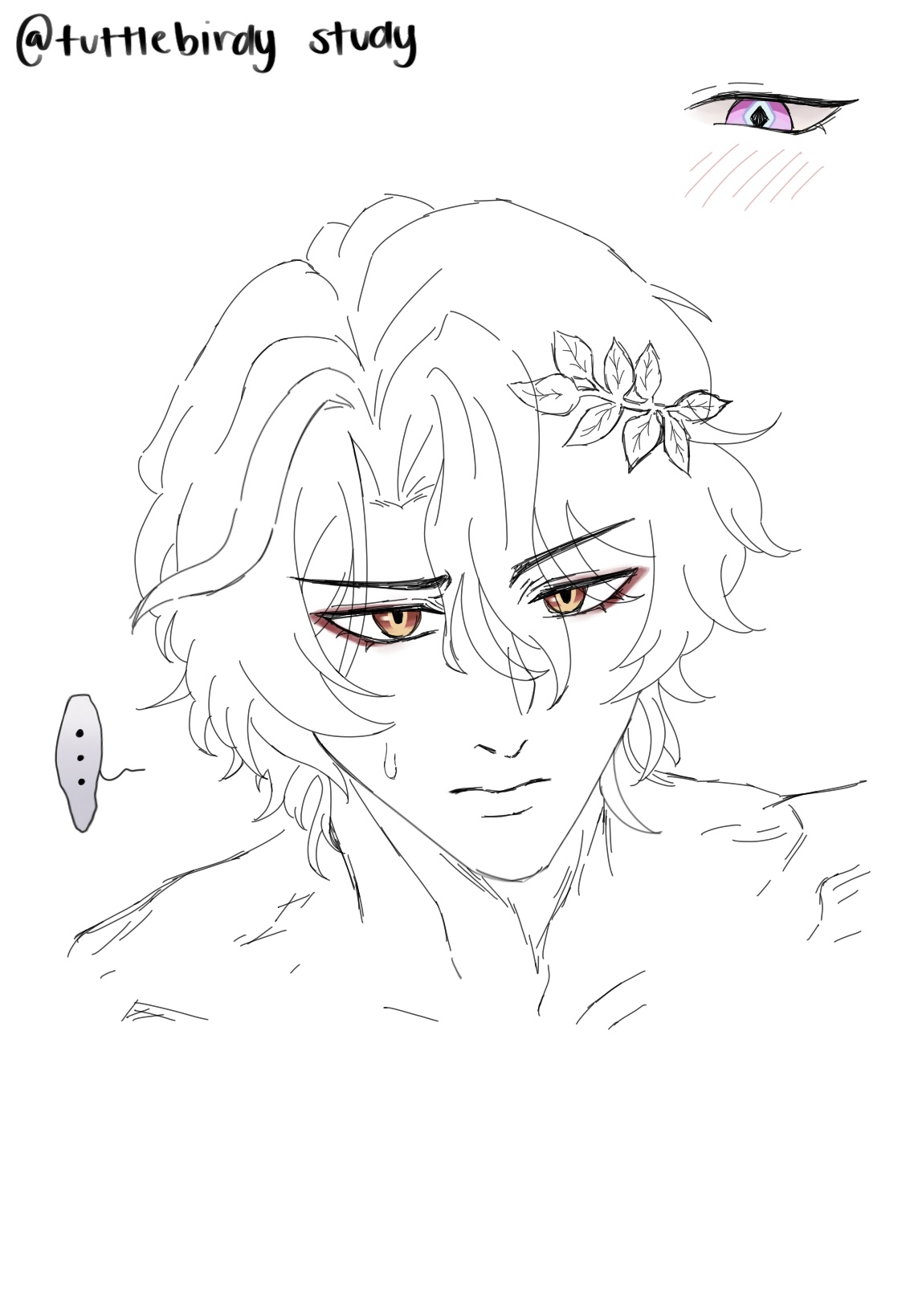 the image shows a digital sketch or drawing of an animestyle male character.  the artwork is predominantly in black and white line art, with added color in the eyes.  the character has long, wavy hair, and a flower crown is partially visible in his hair. his facial expression appears serious or pensive, and there are subtle details like sweat droplets indicating potential emotion or exertion. a small, separate sketch of an eye is included, possibly as a study for the main character's eyes.  the overall style suggests a work in progress, or a study of character features and emotion.  the artist's watermark "@tuttlebirdy study" is visible at the top.
