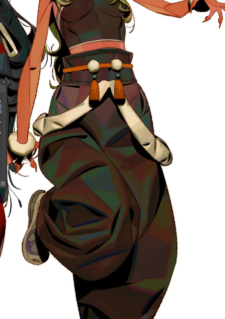the image is a digital illustration of an animestyle female character. she is depicted from the knees up, with her body angled slightly to the left.  she's wearing a dark brown, flowing, loosefitting pantsuit or hakamastyle outfit with an orange and white belt adorned with tassels.  her top is darkcolored, and her arms are partially visible, exhibiting a dynamic pose.  her hair is partially visible, suggesting long, lightcolored strands. another character, only partially visible, is present on the left side of the frame. the art style is vibrant and stylized, with bold colors and a focus on dynamic linework. the overall aesthetic leans toward fantasy or actionadventure genre artwork. the coloring shows some iridescent sheen to the clothing.