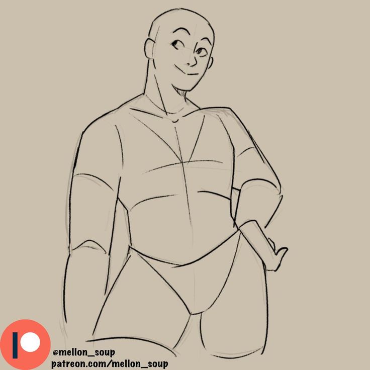 a line drawing of a male figure in a relaxed pose, standing with one hand on his hip. the figure is outlined in black and appears to be wearing a tshirt and some type of shorts. the figure appears confident and relaxed.