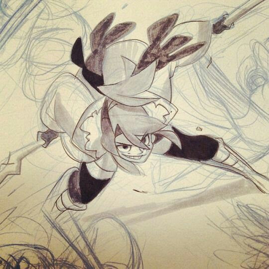 the image is a sketch of a cartoon character with a dynamic pose and a determined expression. the character appears to be a warrior or hero, clad in a cape, hat, and mask. they are wielding a weapon, possibly a sword, and appear to be in the midst of a fight or action sequence. the sketch is created with a loose, expressive style and features lines, shading, and texture. the character's eyes are wide open and focused, with a determined look in their eyes. the image evokes a sense of excitement, power, and adventure.