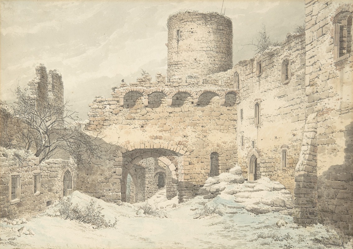 the image shows a winter scene of a ruined stone castle with a prominent round tower. the castle walls are weathered and covered in snow, as is the ground. several archways and arched windows are visible within the structure. the sky is overcast, and a few bare trees are present on the left side of the frame, adding to the cold, desolate atmosphere. the details suggest a historic fortress slowly succumbing to the elements.