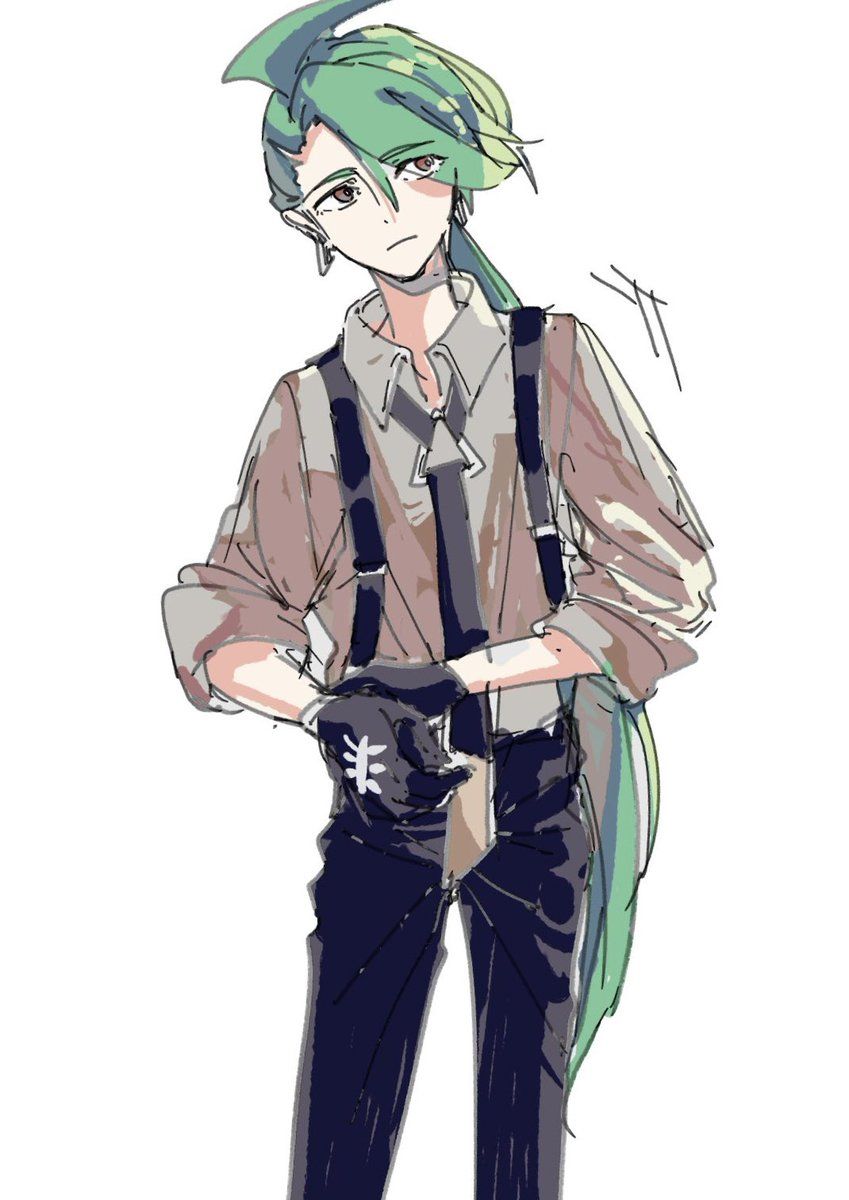 this is a digital drawing of a young man with long green hair and red eyes. he is wearing a brown shirt, dark pants with suspenders, and black gloves. the background is white.