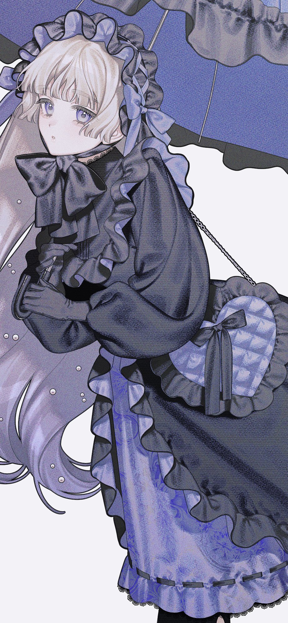 the image shows an animestyle girl dressed in a purple and black lolitastyle dress. she has long blonde hair and is holding a blue umbrella. she is wearing gloves and has a heartshaped bag. the overall style is elegant and cute. the image is digitally drawn and highly detailed.