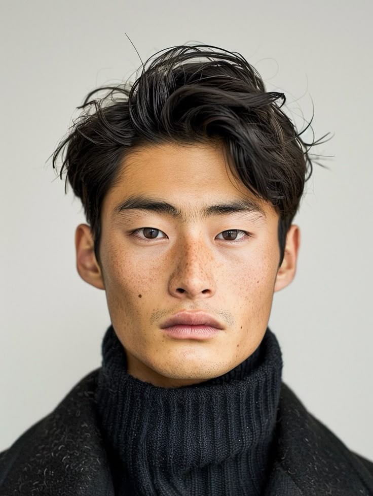 a portrait of a young asian man with dark, wavy hair and freckles, wearing a dark turtleneck sweater. he is looking directly at the camera with a neutral expression. the background is a light, neutral color.