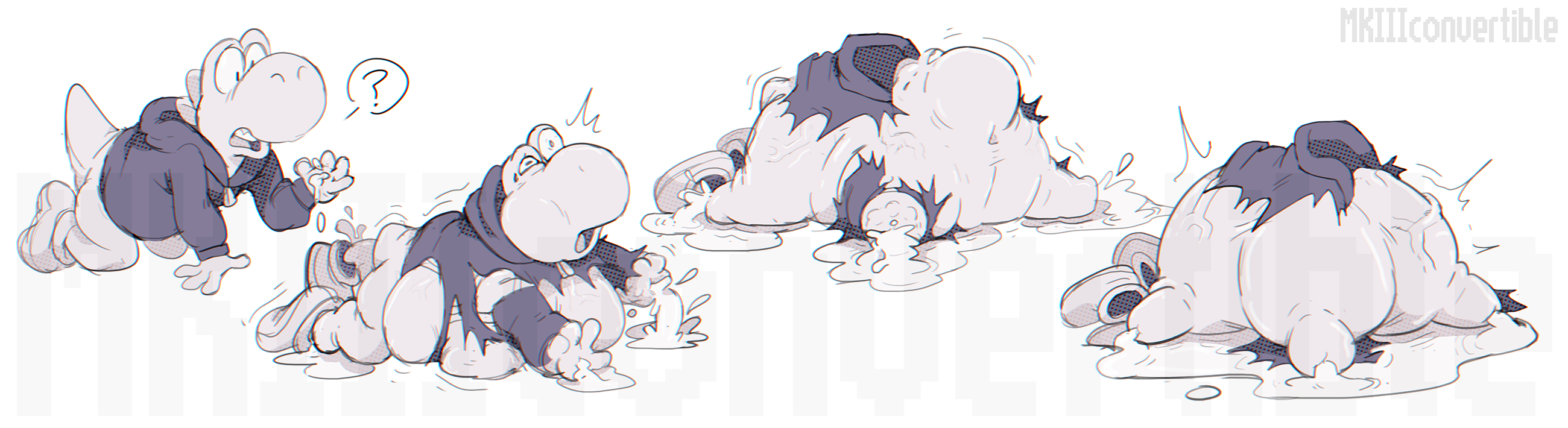the image features a cartoon yoshi undergoing a transformation into a gooey, amorphous blob. the yoshi is depicted in three different stages of transformation: a fully formed yoshi, a yoshi with a partially gooey body, and a fully gooey blob. the drawing is done in a simple, expressive style with a limited color palette. the image has a humorous and slightly unsettling tone, suggesting a playful exploration of the idea of transformation.