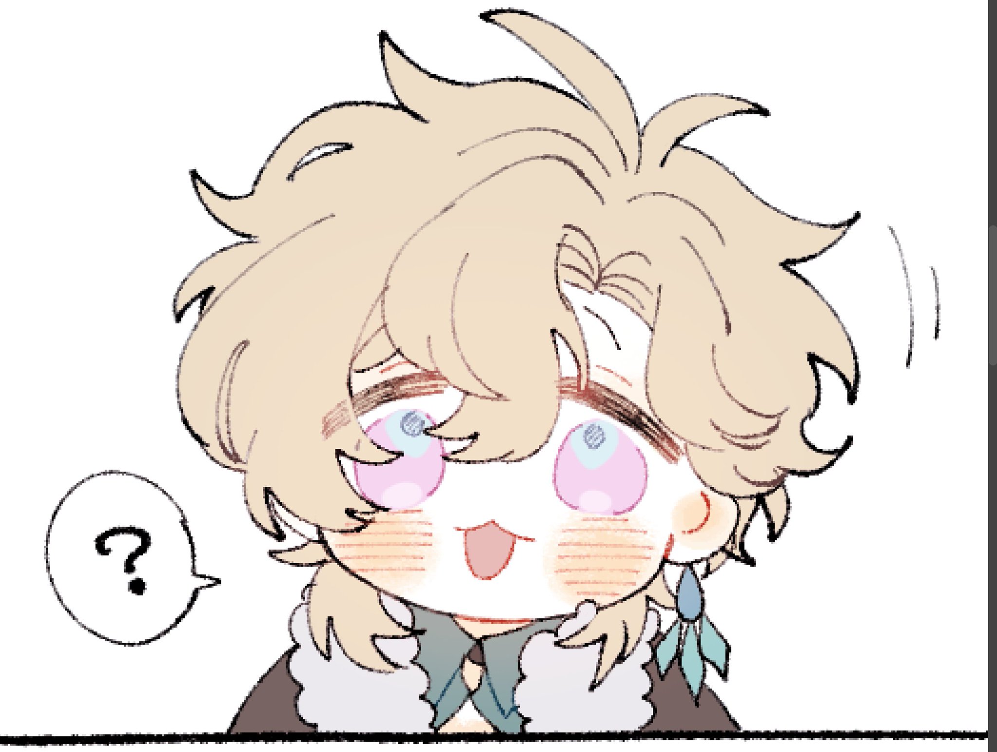 he image is a cute, chibistyle drawing of a blondehaired anime boy. he has curly hair, large eyes with a surprised expression, and rosy cheeks. he is wearing a winterstyle collar and an earring. a question mark speech bubble is next to him. the art style is soft and delicate with light pastel colors.