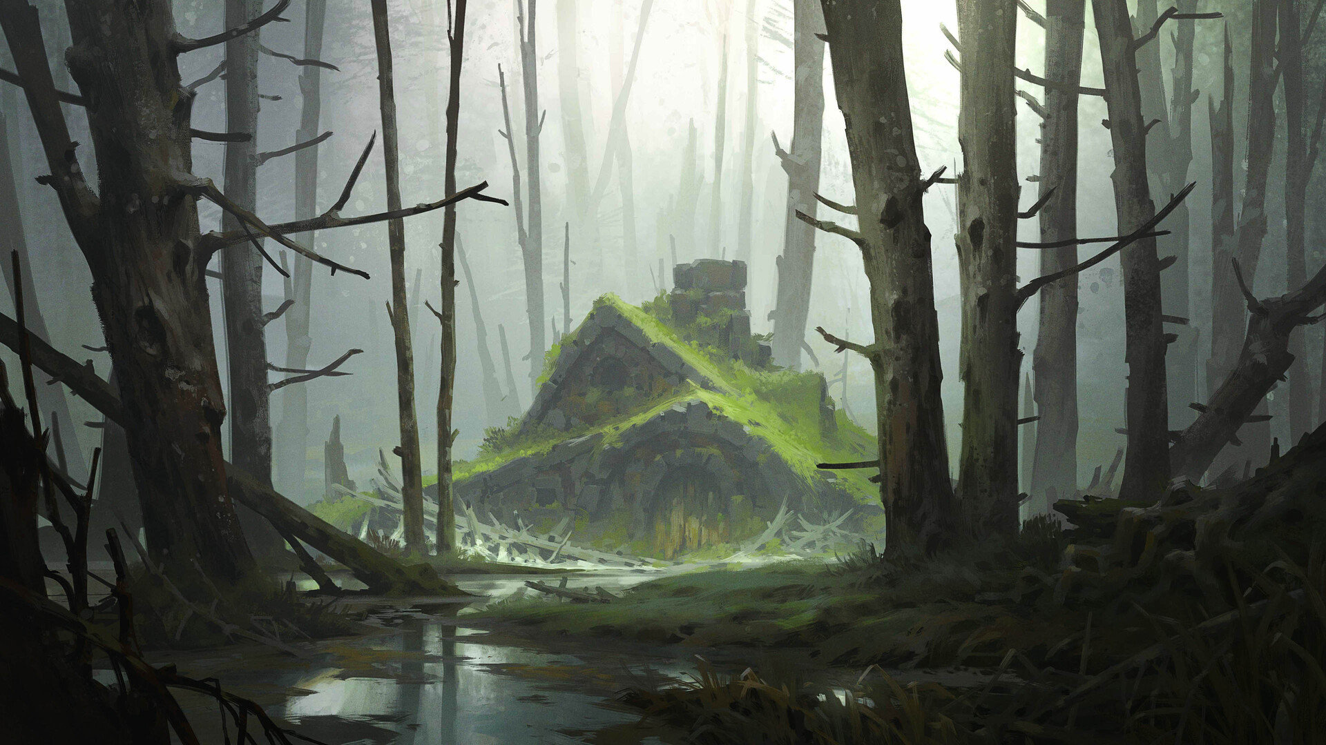 the image shows an overgrown and dilapidated structure in the middle of a swampy forest. the building is partially covered in moss and vines, suggesting it has been abandoned for a long time. the forest is dense and dark, with tall trees and fallen branches. the overcast sky creates a gloomy and mysterious atmosphere. a shallow pool of water reflects the surrounding trees.