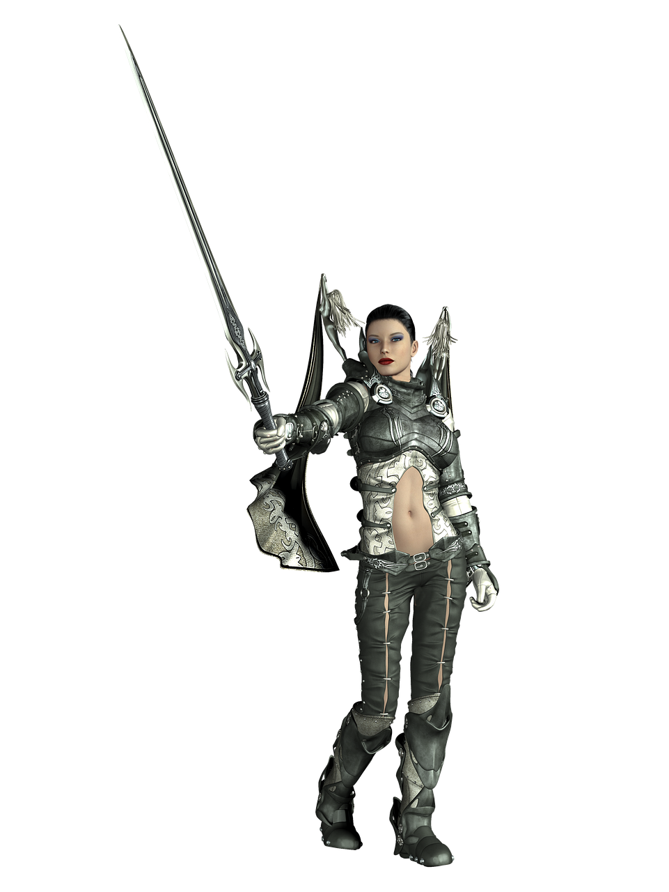 a digital art image shows a female warrior in armor holding a sword on a black background. she has short, dark hair and red lipstick, and her armor has a silver and black color scheme. the sword is large and decorative, with a silver blade. the character is standing and facing forward.