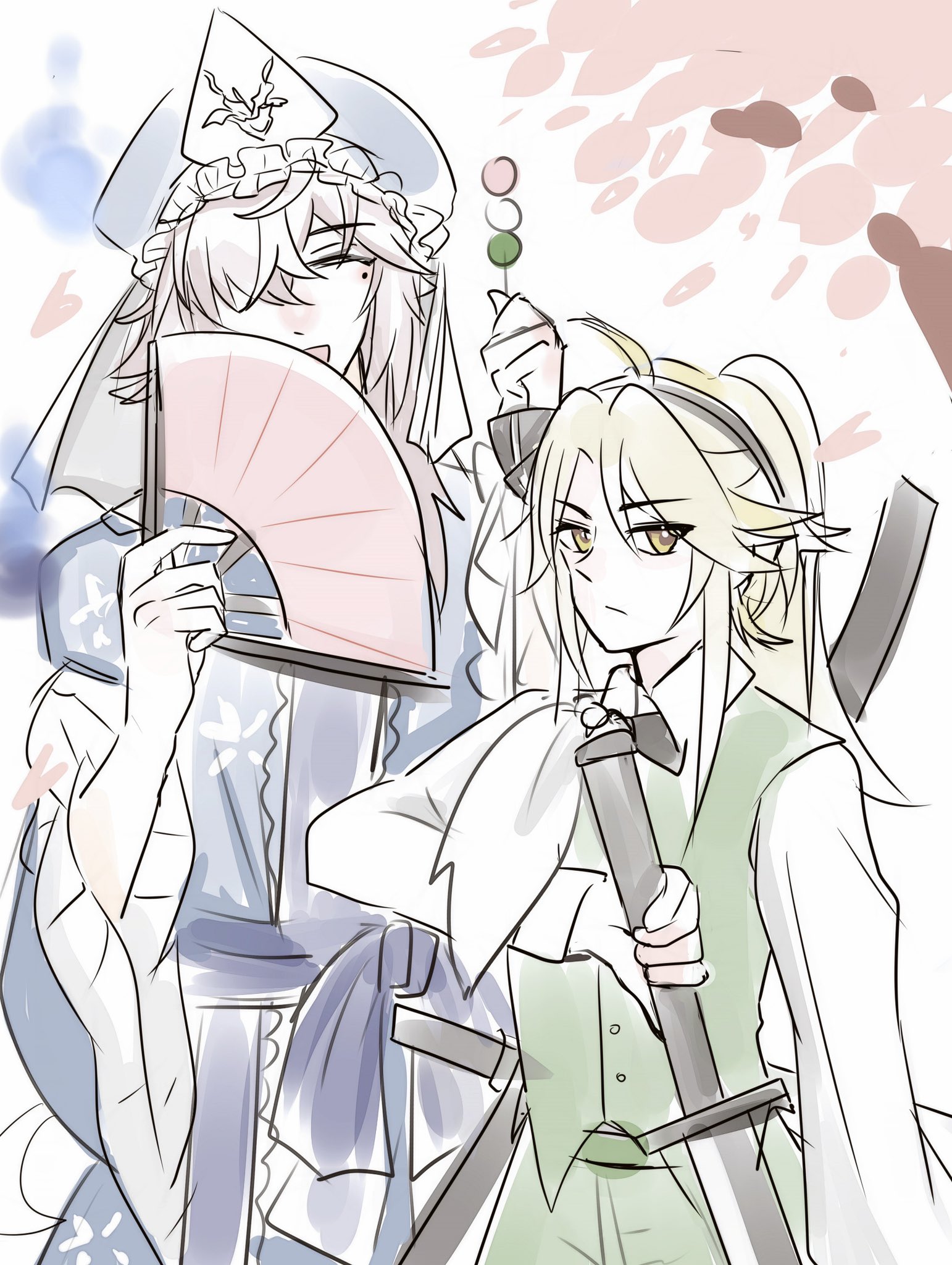 this anime style illustration depicts two young women in a traditional japanese setting. the woman on the left is dressed in a blue and white kimono with a traditional fan. the woman on the right is dressed in a green and white outfit with a sword. the background is a pink sakura blossom.