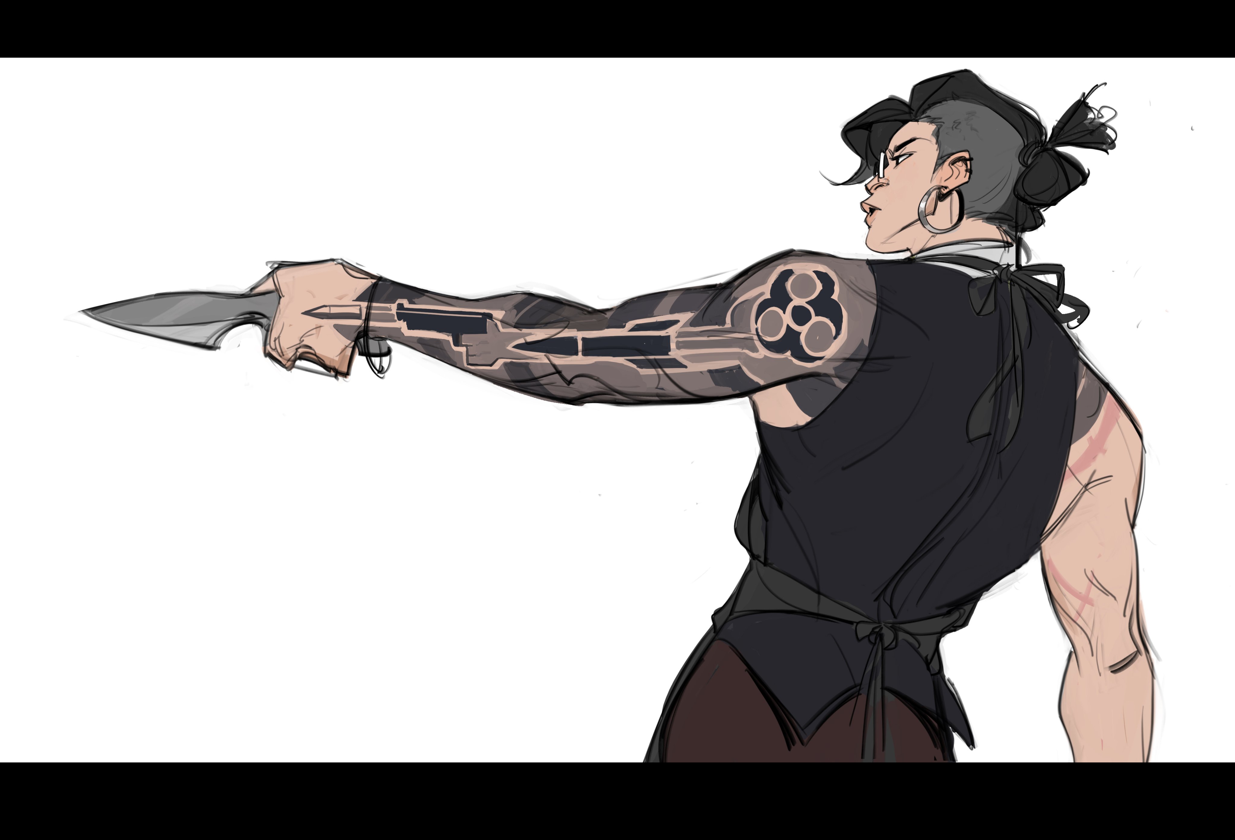 the image is a digital drawing or concept art showcasing a stylized female character. she has a muscular build and a dark, almost cyberpunkesque aesthetic.  her left arm is prominently featured, displaying a detailed tattoo incorporating mechanical elements and circular symbols. she is holding a knife or dagger, presenting a pose suggesting readiness or aggression. her clothing is dark and simple, consisting of a sleeveless top and what looks like a belted skirt or pants. her hair is styled in a short, partially shaved, bun. she has a determined expression. the overall style leans towards concept art for a game, comic, or graphic novel.  the lines are relatively loose, suggesting a sketch or preliminary design.