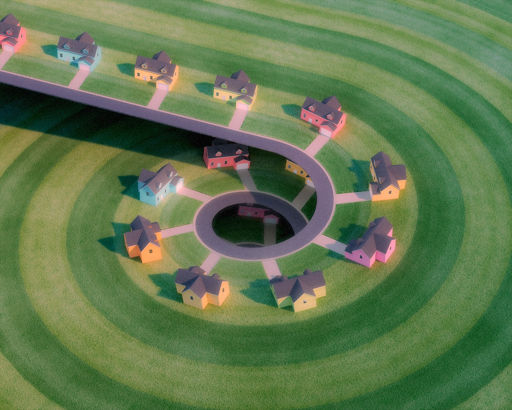 an aerial view of a suburban neighborhood with colourful houses arranged in a circular culdesac pattern, surrounded by concentric circles of green grass. a road extends from the circle into the rest of the community, and the scene appears to be a model or miniature.