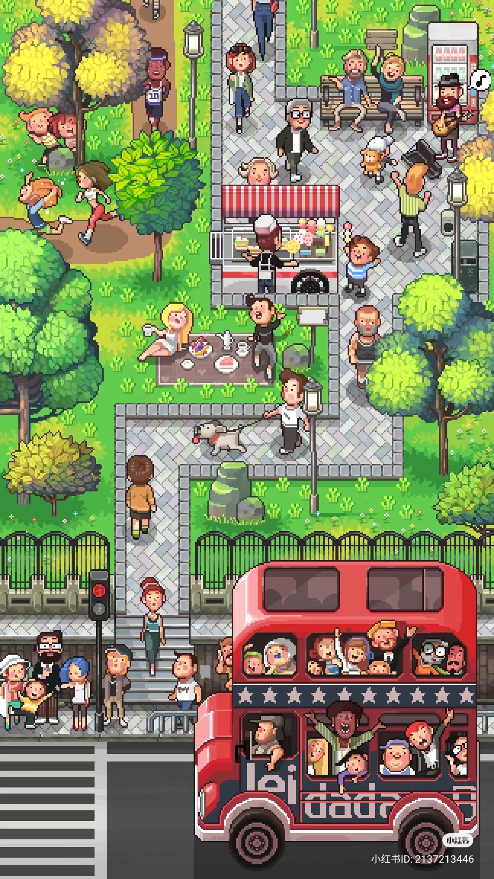 a pixel art illustration of a bustling park scene with people enjoying various activities, including having a picnic, riding a bus, walking their dogs, and buying food from a vendor. the park features lush green trees, a paved pathway, and a vibrant red doubledecker bus. the scene is depicted from a high angle, providing a bird'seye view of the lively atmosphere.
