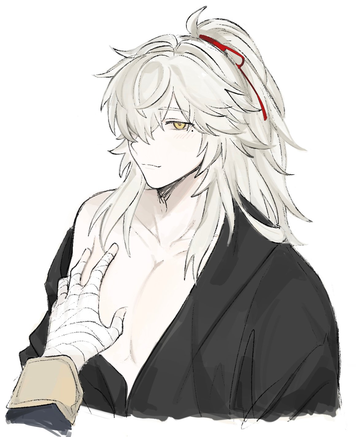 a drawing of an anime male character with long white hair tied in a ponytail with a red ribbon. he is wearing a black garment that is partially open revealing his chest,