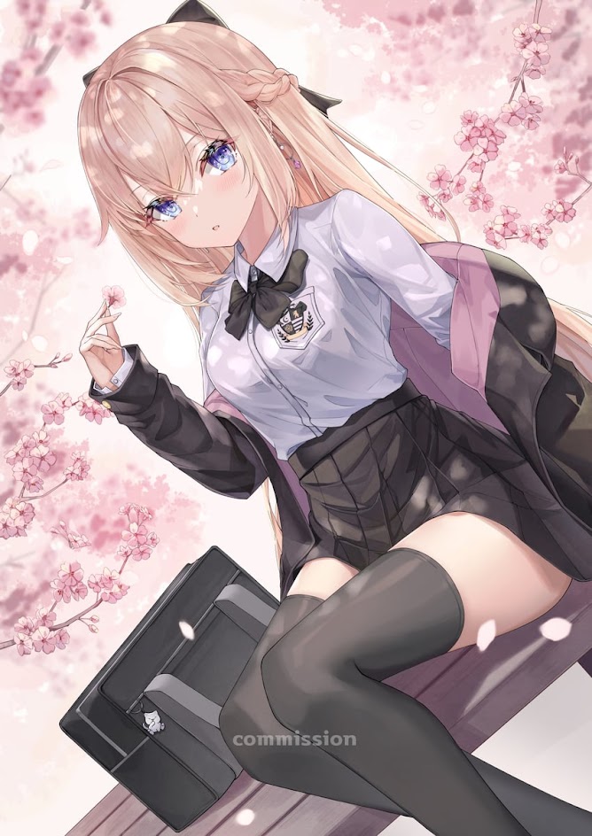 the image is an illustration of a young anime girl with blonde hair and blue eyes. she is wearing a school uniform with a white blouse, a black skirt, and black stockings. she is also wearing a black jacket and carrying a briefcase. she is sitting on a bench surrounded by cherry blossom trees, with pink flowers falling around her. the girl is looking down, smiling slightly. she appears to be a cheerful and happy girl. the image is drawn in a colorful and vibrant style, with soft lighting and a dreamy atmosphere.