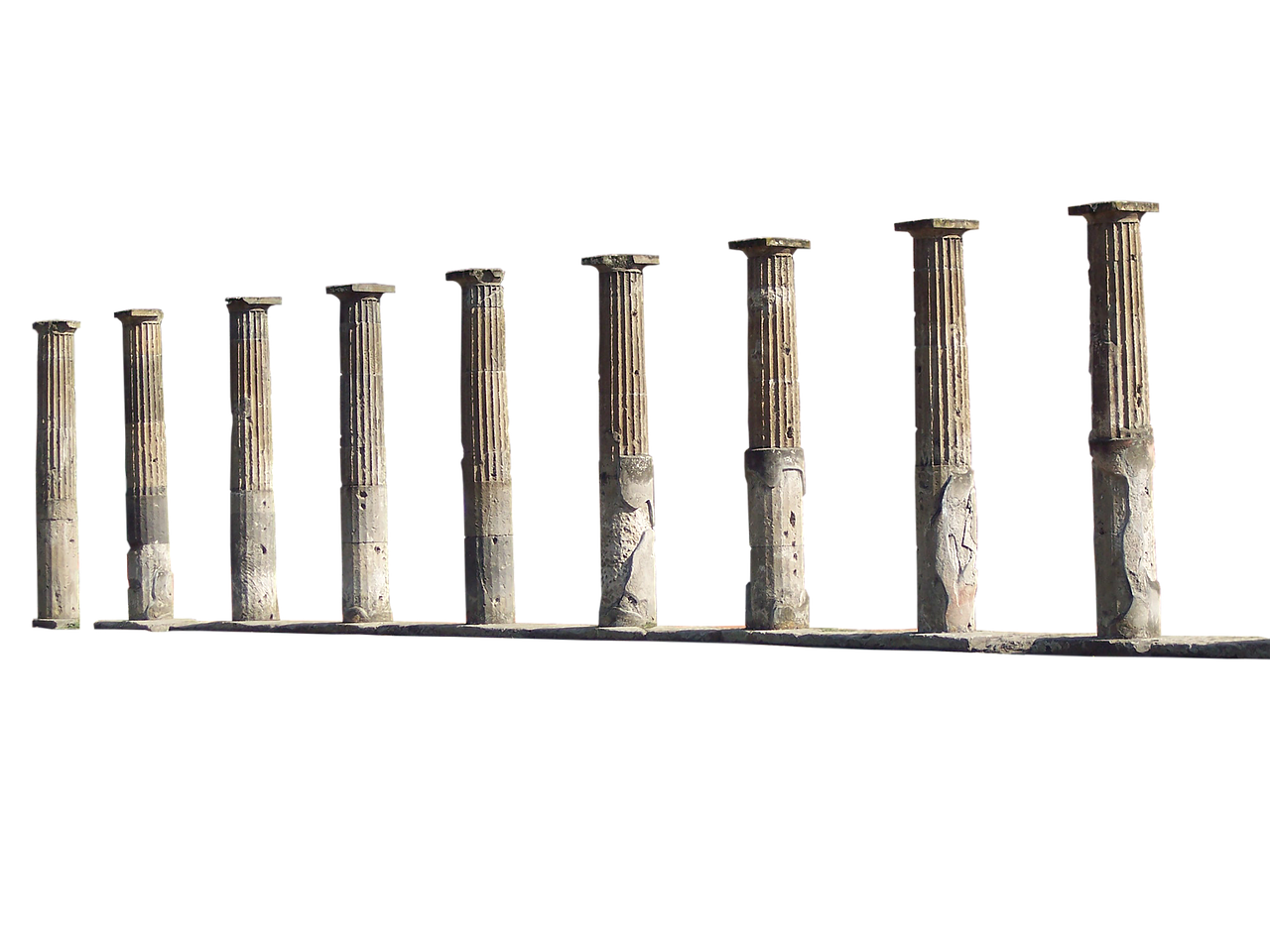 a row of nine ancient, stone columns stands against a black background. the columns appear weathered and damaged, suggesting they are part of historical ruins or an archaeological site. the architecture is classical, reminiscent of roman or greek styles.