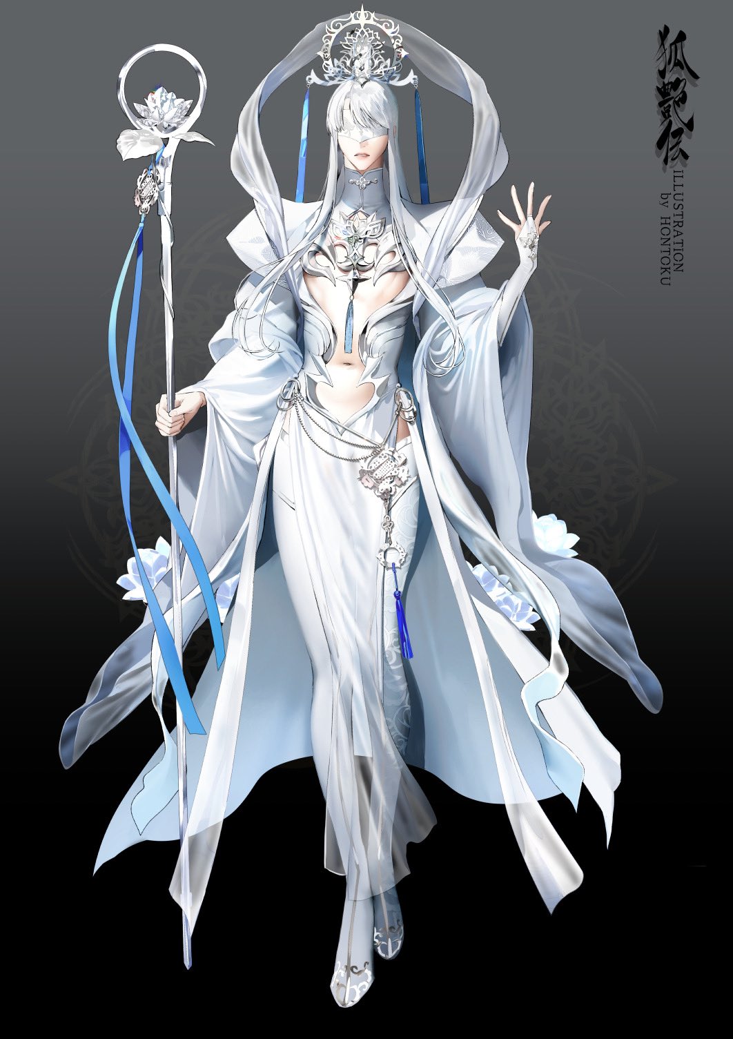 the image is a digital painting of a female character in a fantasy setting. she is elegantly dressed in flowing white robes adorned with intricate silver details, wearing a stunning silver headdress. her long silver hair cascades down her back. she holds a staff topped with a lotus flower, and blue ribbons trail from it. the character's pose is graceful, and the overall style leans towards anime and manga aesthetics with hints of asianinspired design. the background is a simple gray, allowing the character to take center stage. the artist's signature "hontoku" is clearly visible in the corner, suggesting it's concept art or a character illustration for a game or other media. the artwork exudes a sense of ethereal beauty and mystique.