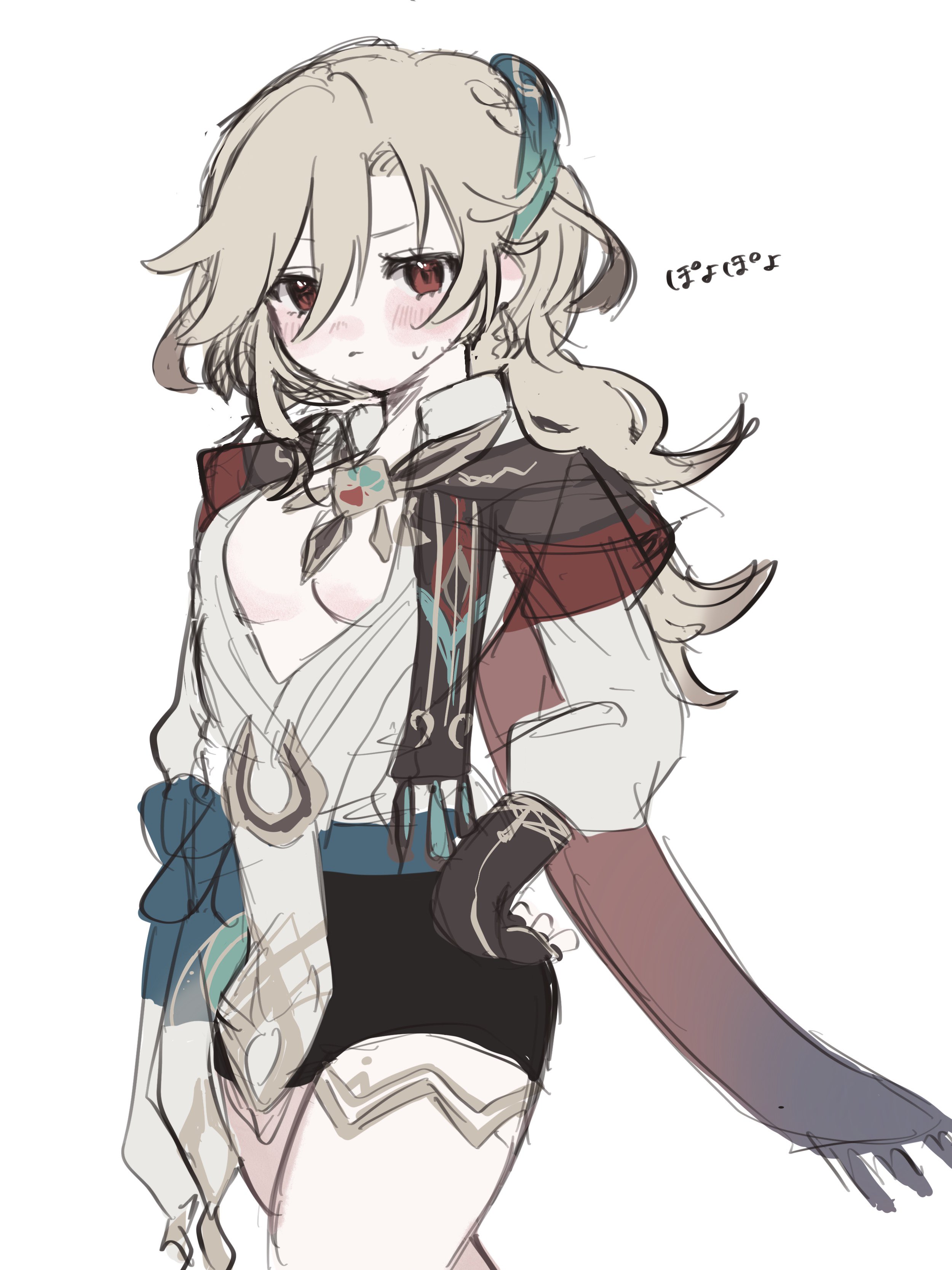 the image is a stylized animestyle drawing of a female character, possibly fanart of jean from genshin impact. she has long blonde hair, is blushing, and is wearing an elegant, somewhat revealing outfit with a mix of white, dark colors and teal accents.  the art style is loose and sketchy, with visible pencil strokes and shading, suggesting a quick sketch or concept art. the character's expression is shy or embarrassed.  there's a small bit of japanese text near her head.