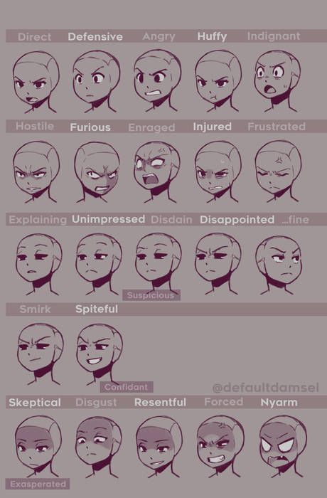 the image is a guide for drawing different facial expressions. it features a series of minimalist head drawings, each labelled with the corresponding emotion.  the expressions range from anger and frustration to skepticism and disgust, offering a wide spectrum of emotions for artists to reference.