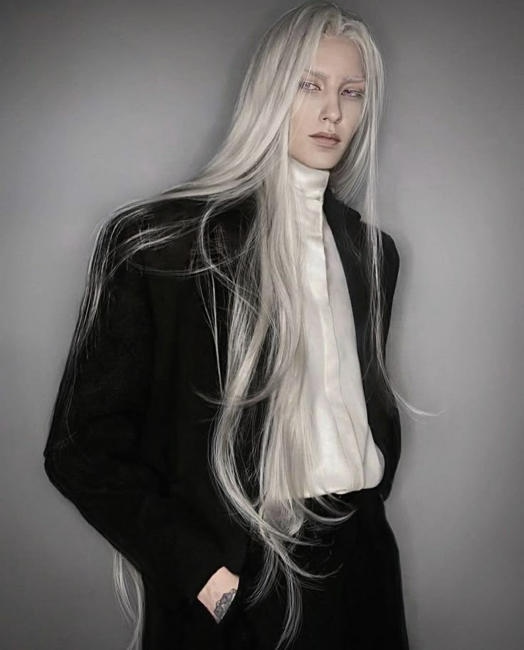 a striking portrait of a person with long, flowing white hair wearing a black blazer over a white turtleneck shirt. the person has pale skin and captivating eyes. a tattoo is visible on their hand. the background is a neutral gray. the overall impression is one of androgynous high fashion and style.